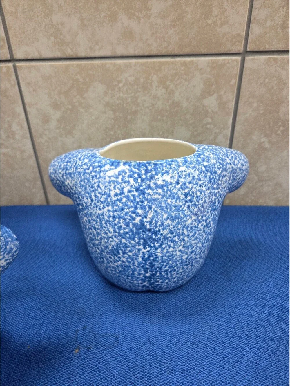 Vintage 1970s N.S. Gustin Blue Spongeware Teddy Bear Cookie Jar Hand Decorated